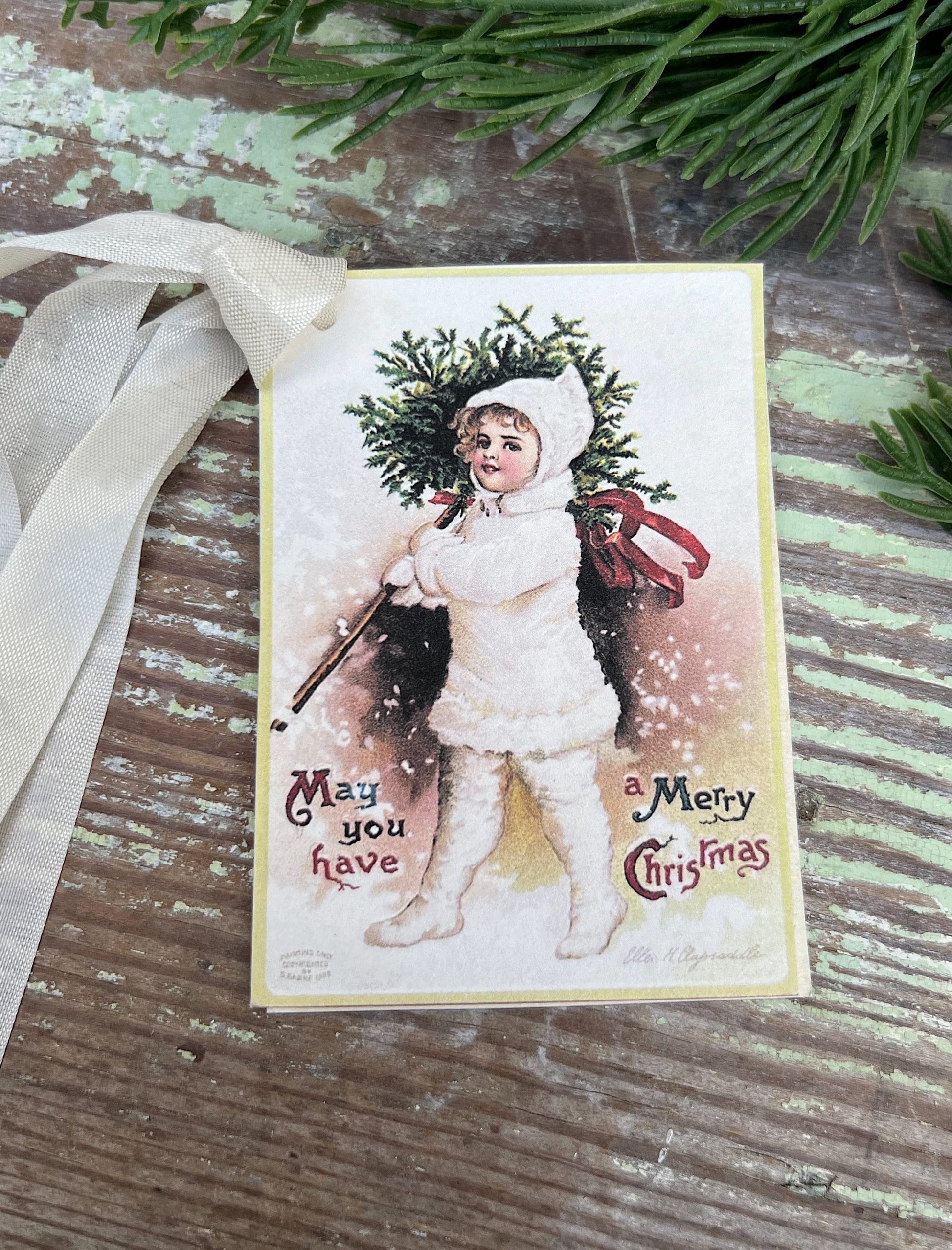 Christmas Vintage Gift Tags CHERUB with TREE Farmhouse Christmas Decor Card French Shabby Gift Wrap