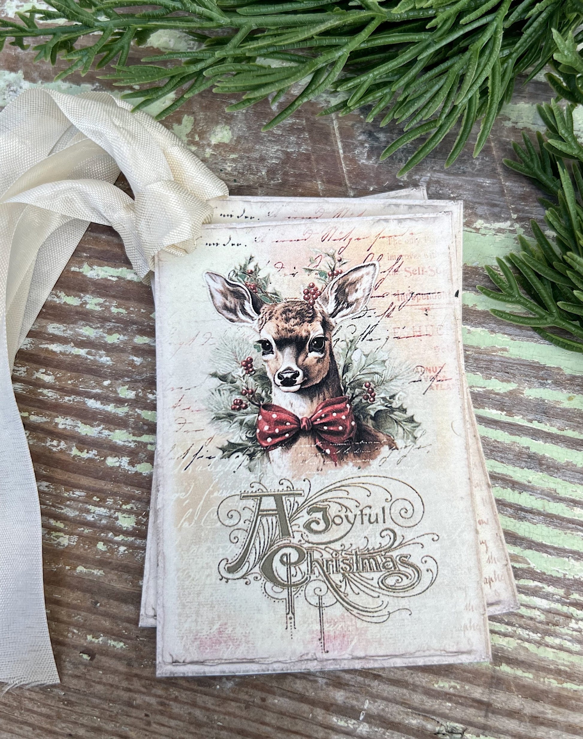 Christmas Vintage Gift Tags DEER A Joyful Christmas Farmhouse Christmas Decor Card French Shabby Gift Wrap