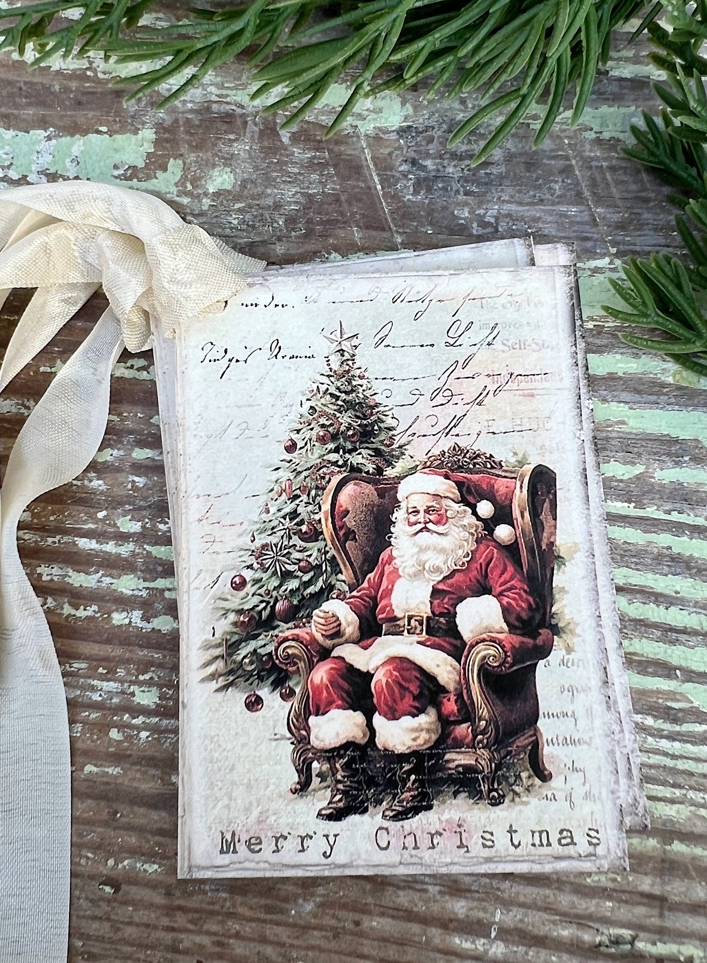 Christmas Vintage Gift Tags SANTA CHAIR Farmhouse Christmas Decor Card French Shabby Gift Wrap