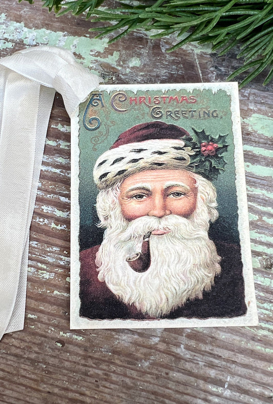 Christmas Vintage Gift Tags SANTA With PIPE Farmhouse Christmas Decor Card French Shabby Gift Wrap