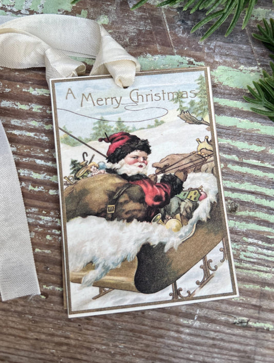 Christmas Vintage Gift Tags SANTA SLEIGH Farmhouse Christmas Decor Card French Shabby Gift Wrap
