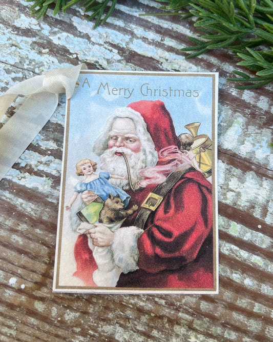Christmas Vintage Gift Tags RED Coat SANTA with Bag Toys Pipe Farmhouse Christmas Decor Card French Shabby Gift Wrap