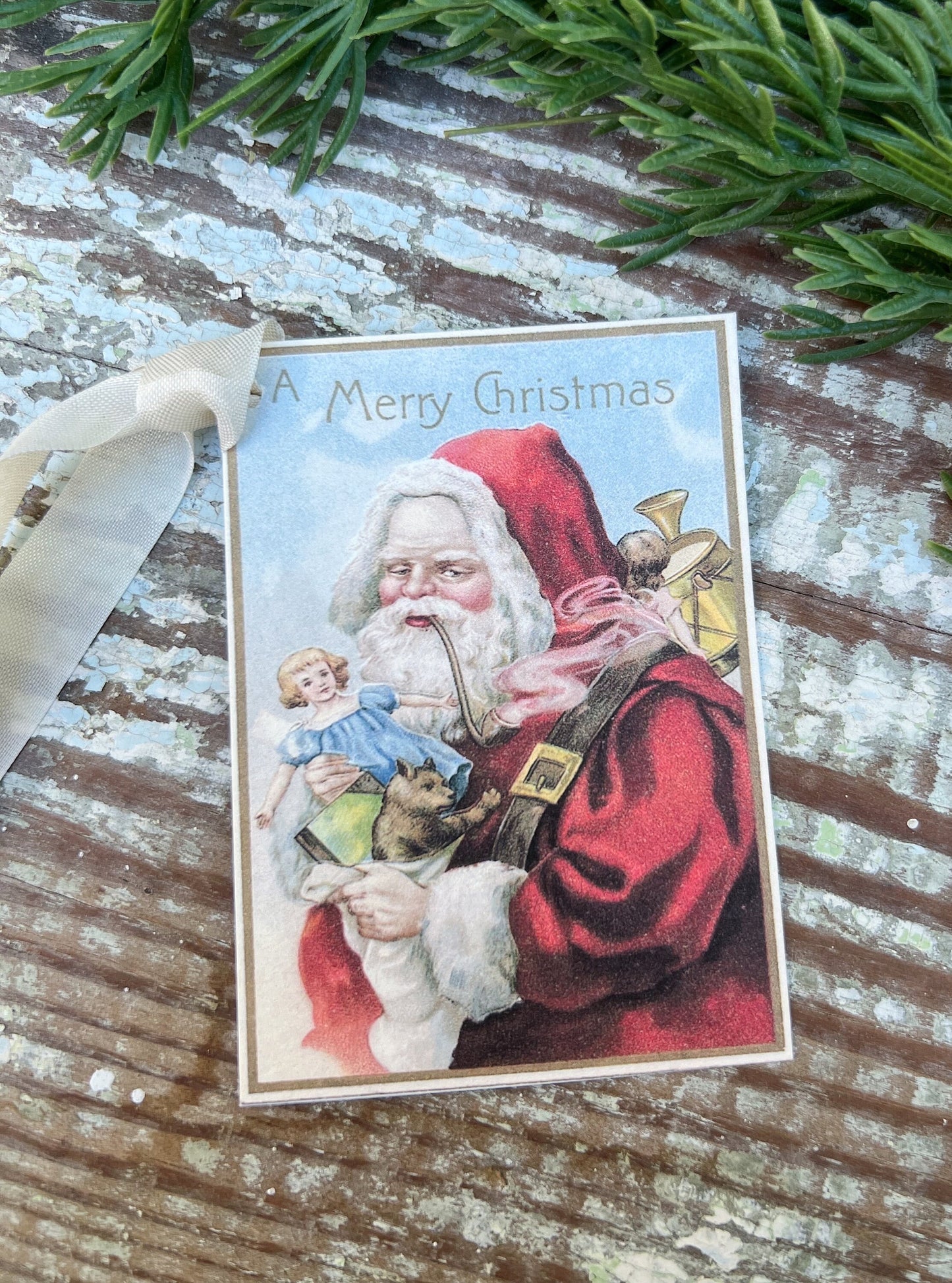 Christmas Vintage Gift Tags RED Coat SANTA with Bag Toys Pipe Farmhouse Christmas Decor Card French Shabby Gift Wrap