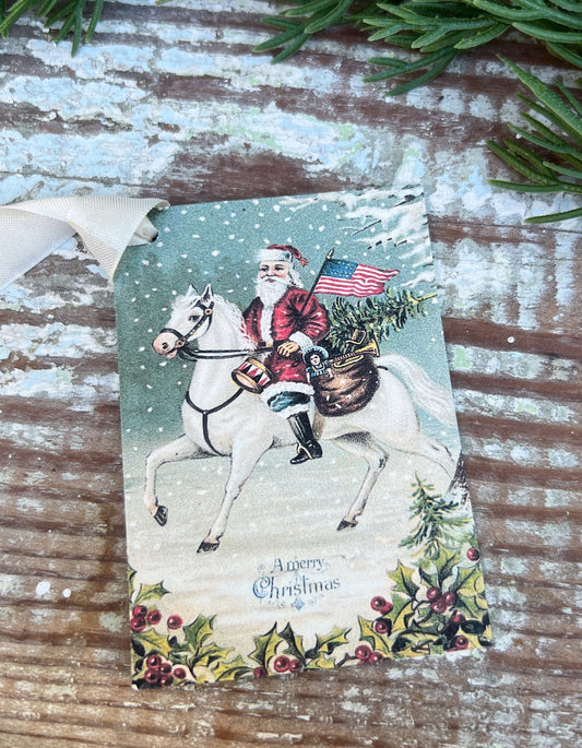 Christmas Vintage Gift Tags SANTA on HORSE USA Flag Farmhouse Christmas Decor Card French Shabby Gift Wrap