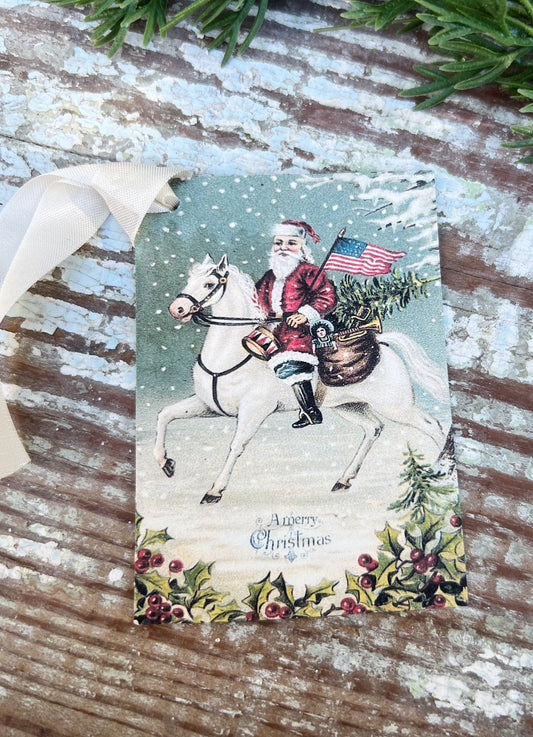 Christmas Vintage Gift Tags SANTA on HORSE USA Flag Farmhouse Christmas Decor Card French Shabby Gift Wrap