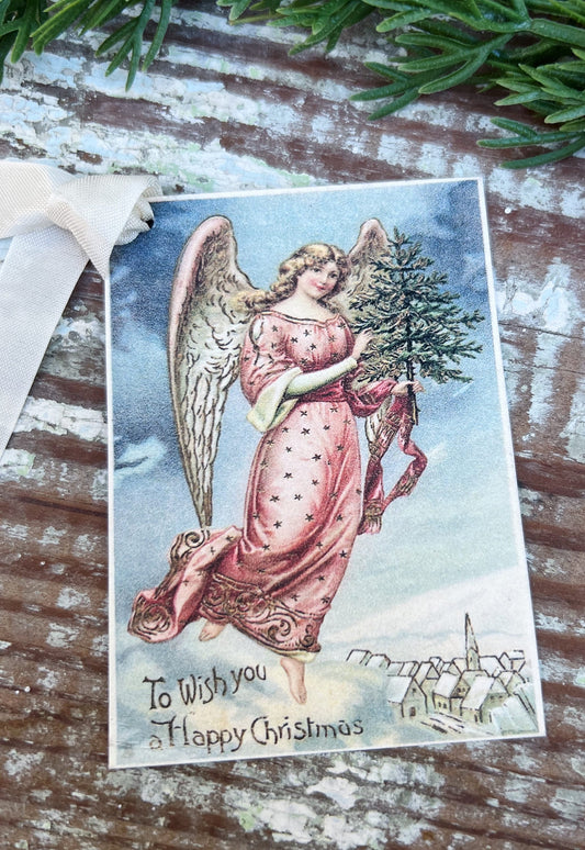 Christmas Vintage Gift Tags ANGEL With TREE Farmhouse Christmas Decor Card French Shabby Gift Wrap