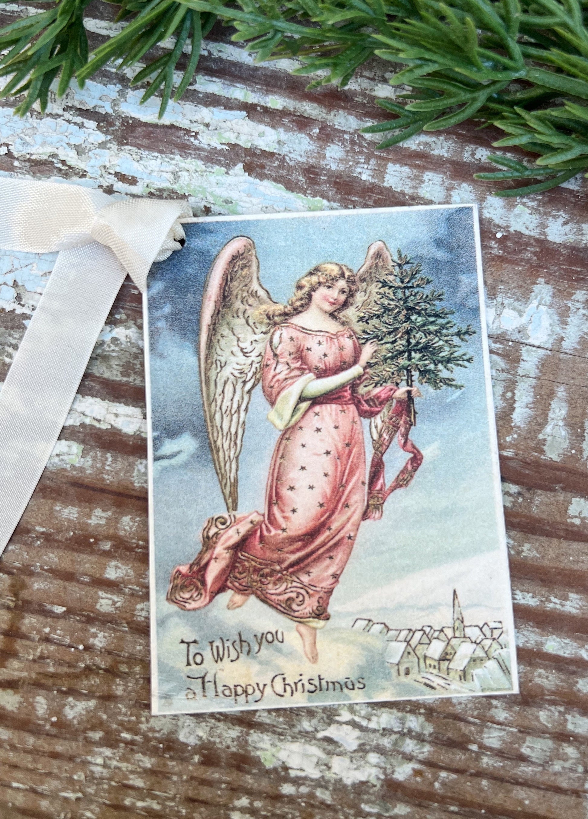 Christmas Vintage Gift Tags ANGEL With TREE Farmhouse Christmas Decor Card French Shabby Gift Wrap