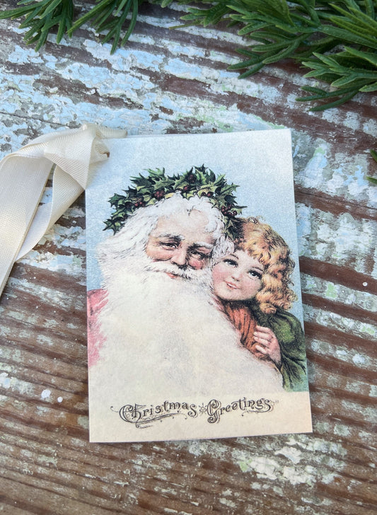 Christmas Vintage Gift Tags SANTA With CHILD Greetings Farmhouse Christmas Decor Card French Shabby Gift Wrap