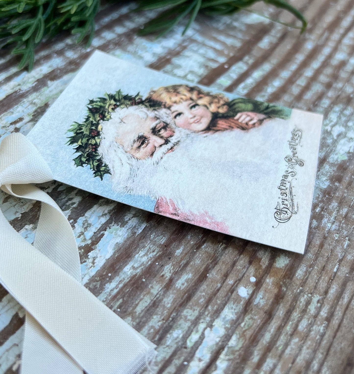 Christmas Vintage Gift Tags SANTA With CHILD Greetings Farmhouse Christmas Decor Card French Shabby Gift Wrap