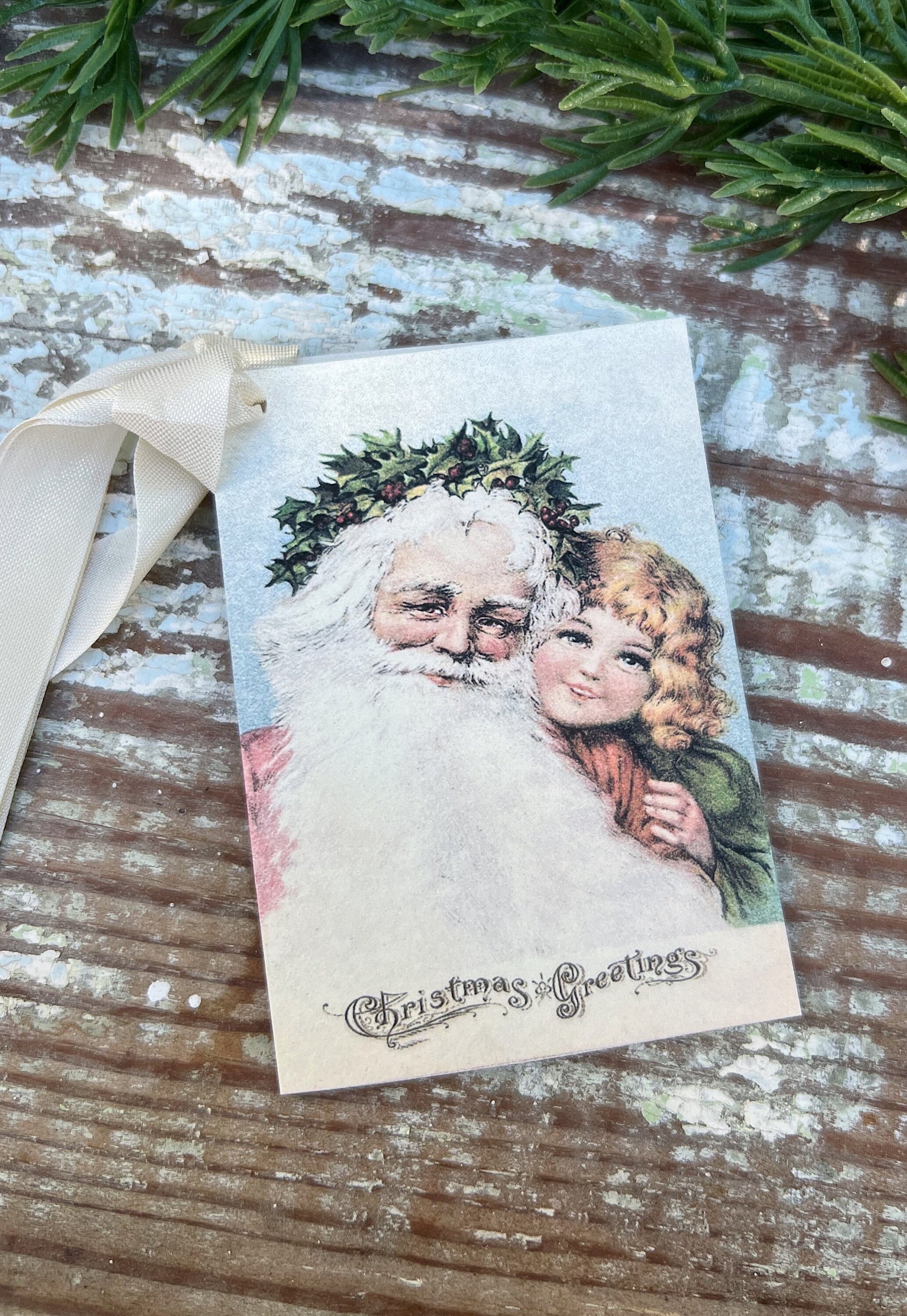 Christmas Vintage Gift Tags SANTA With CHILD Greetings Farmhouse Christmas Decor Card French Shabby Gift Wrap