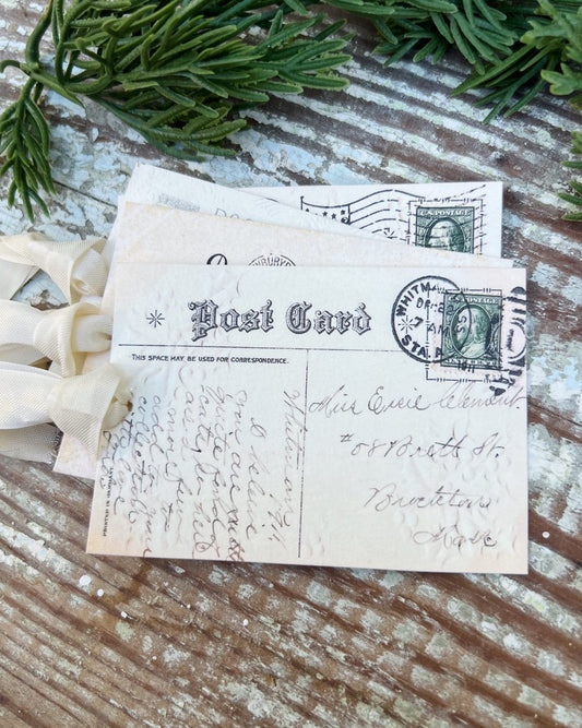 Christmas Vintage Gift Tags POST CARD GREEN Stamps Farmhouse Christmas Decor Card French Shabby Gift Wrap