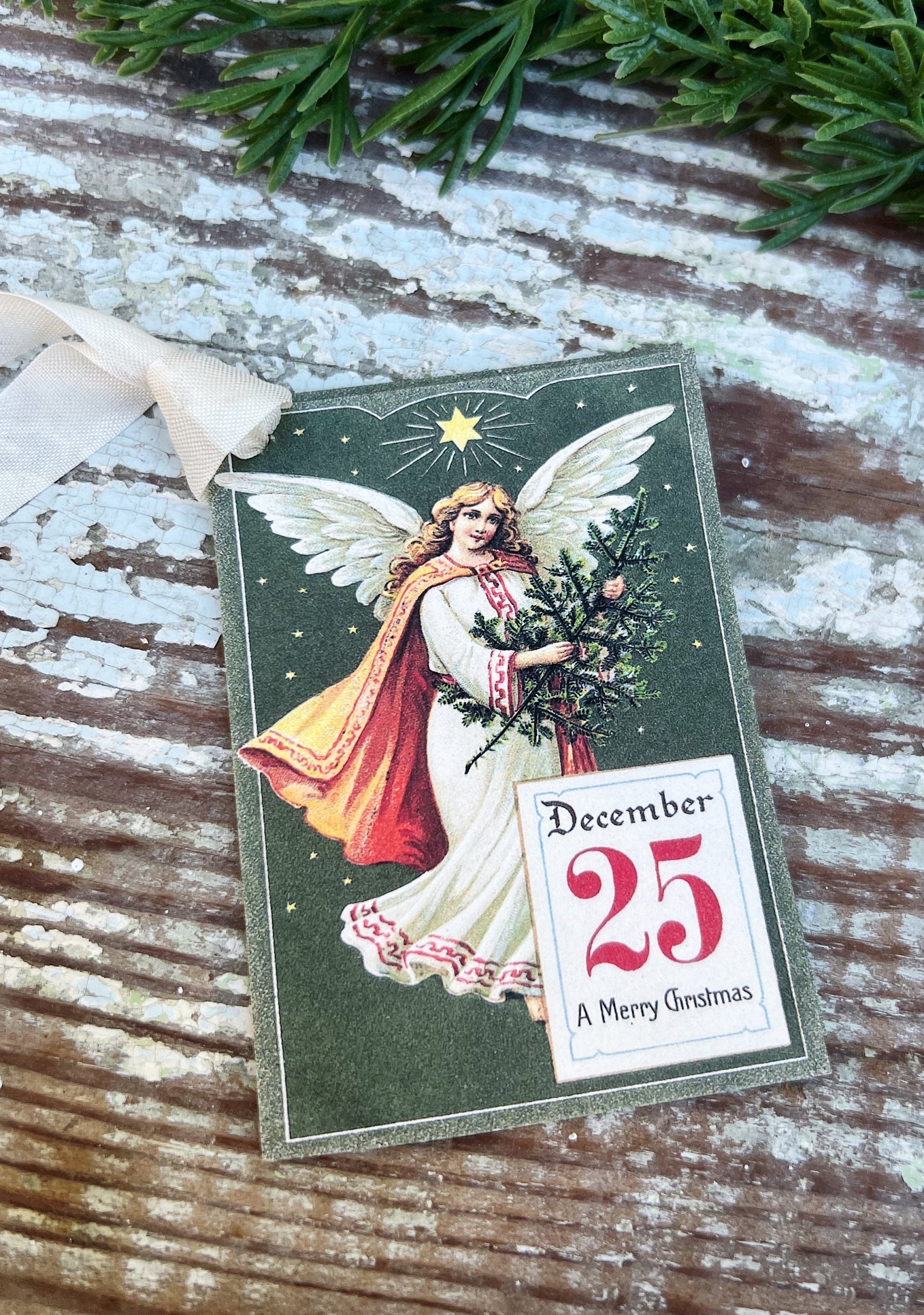 Christmas Vintage Gift Tags ANGEL DECEMBER 25th Farmhouse Christmas Decor Card French Shabby Gift Wrap