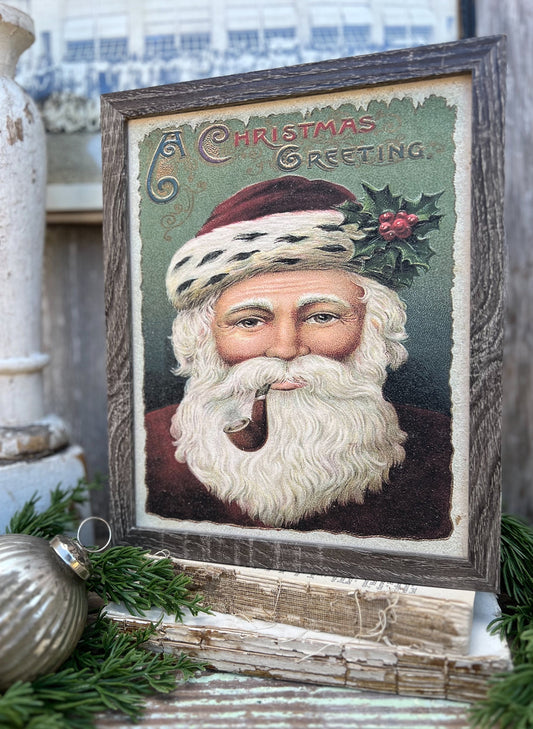 Christmas SANTA Wood Sign FRAMED Vintage Christmas Farmhouse Decor Wall Art Print Primitive