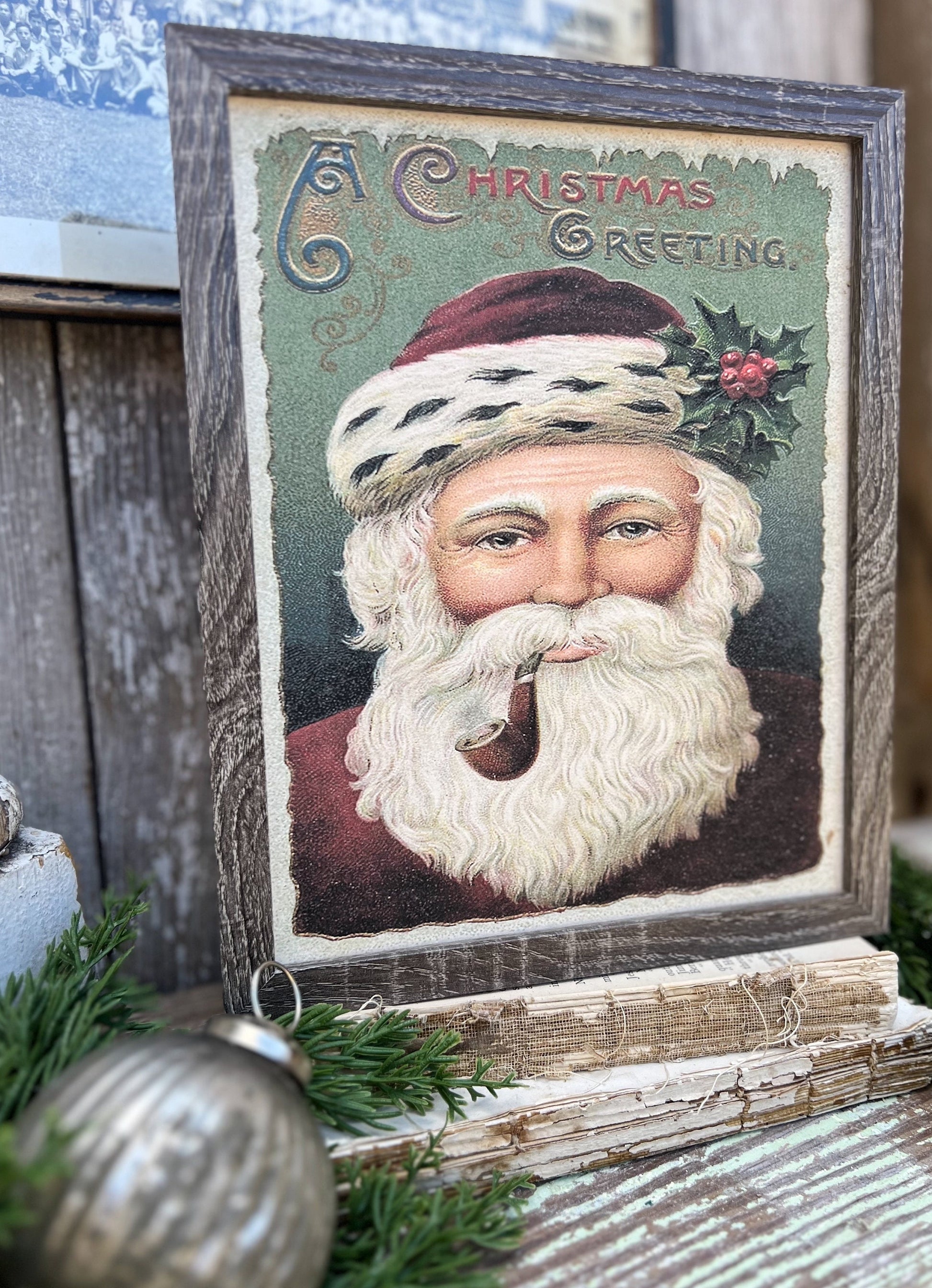 Christmas SANTA Wood Sign FRAMED Vintage Christmas Farmhouse Decor Wall Art Print Primitive