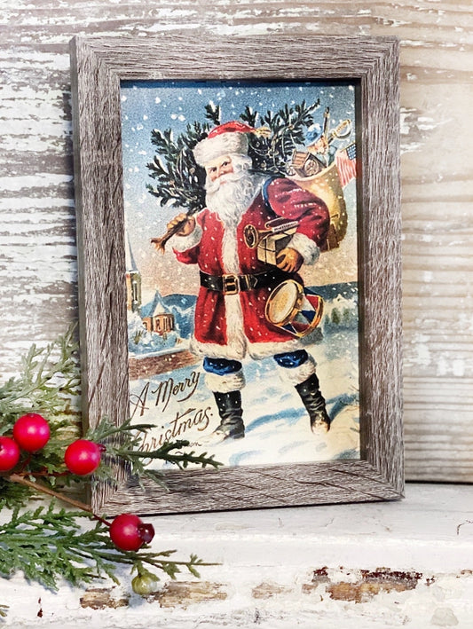 Vintage Christmas Santa MERRY CHRISTMAS Framed Sign Farmhouse Christmas Decor Barn Wood Rustic Primitive Christmas Sign