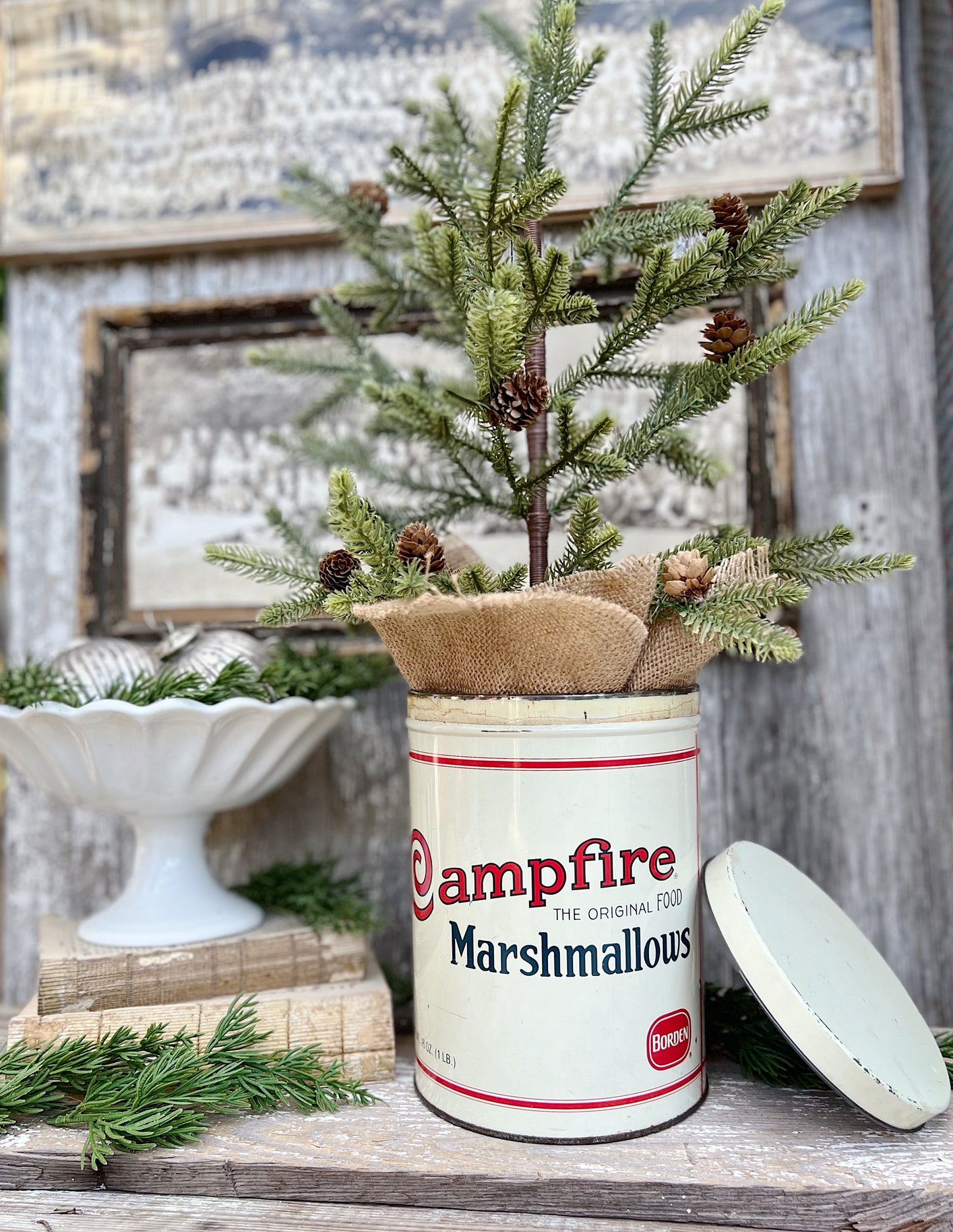 Vintage CAMPFIRE MARSHMALLOWS Tin Can Red White Blue Farmhouse Decor Industrial Salvage Christmas Decor 16 oz
