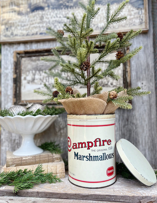 Vintage CAMPFIRE MARSHMALLOWS Tin Can Red White Blue Farmhouse Decor Industrial Salvage Christmas Decor 16 oz