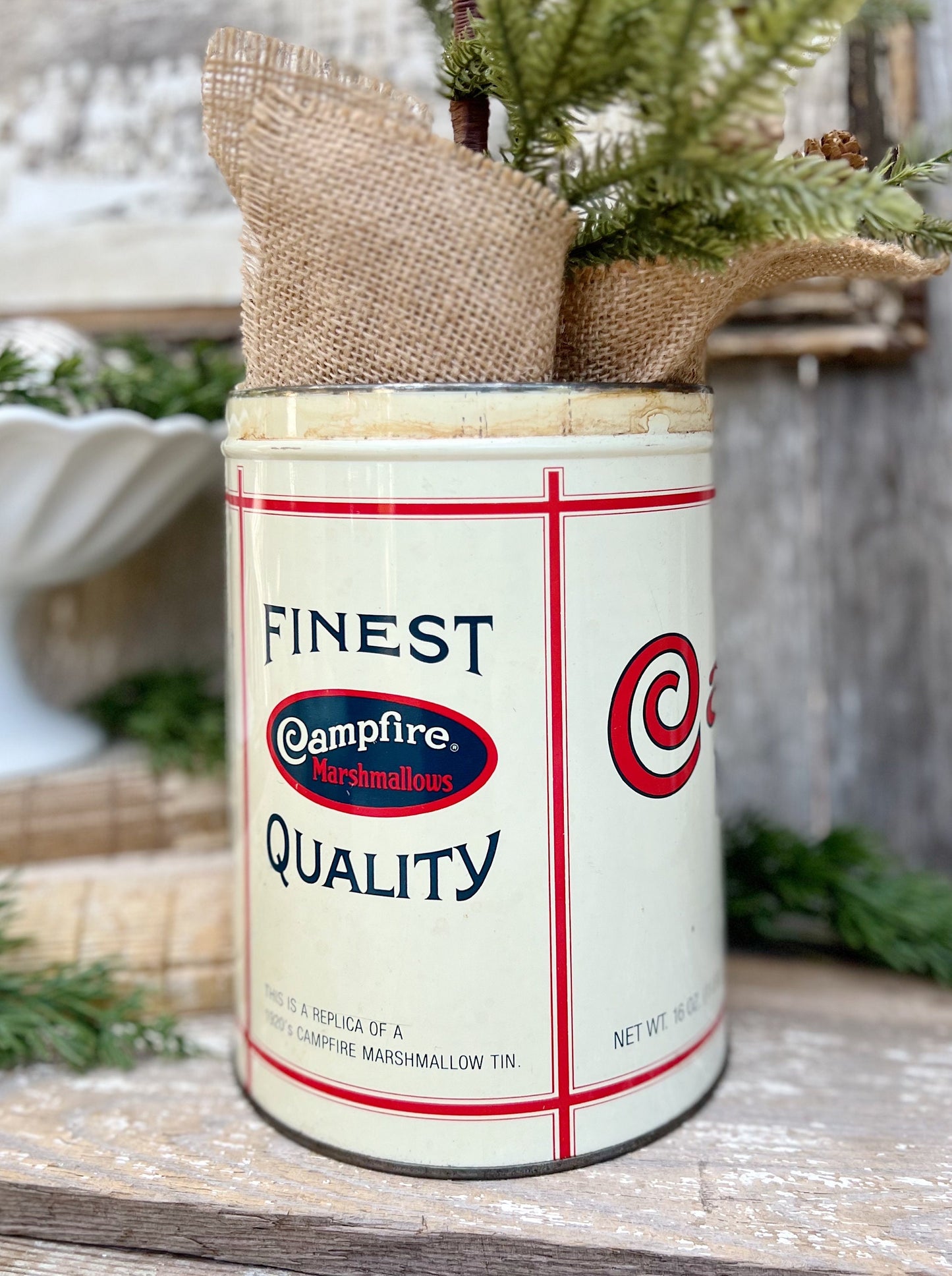Vintage CAMPFIRE MARSHMALLOWS Tin Can Red White Blue Farmhouse Decor Industrial Salvage Christmas Decor 16 oz