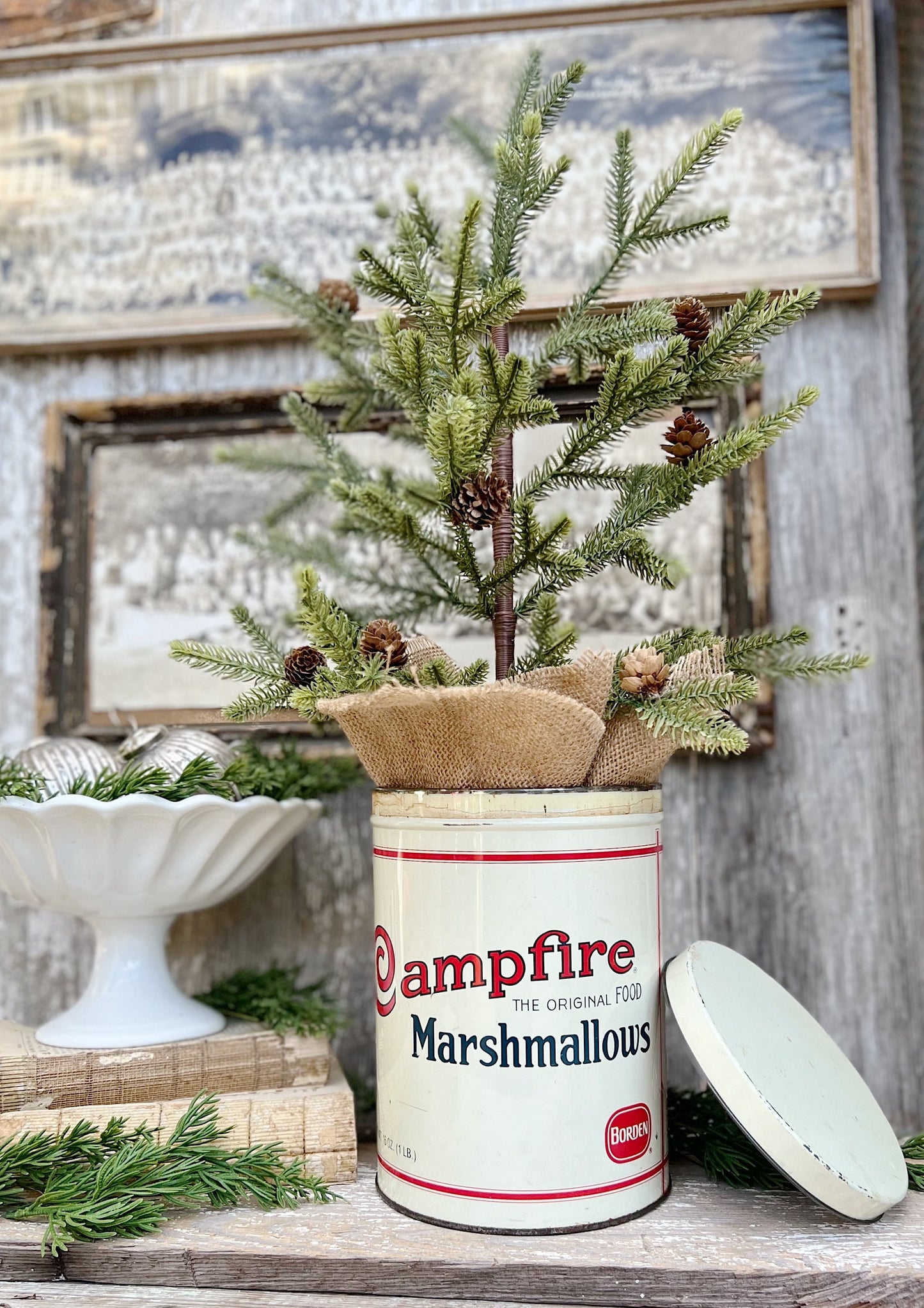Vintage CAMPFIRE MARSHMALLOWS Tin Can Red White Blue Farmhouse Decor Industrial Salvage Christmas Decor 16 oz