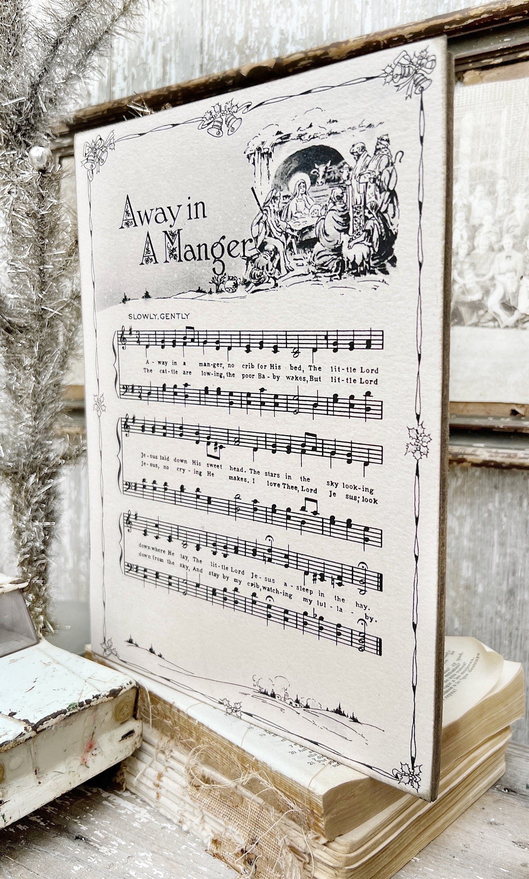 AWAY In A MANGER Sign Wood Vintage Sheet Music Carol Christmas Decor Poster Farmhouse Decor Book Page Wall Art Star of Wonder