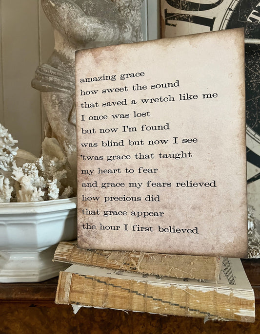 AMAZING GRACE Hymn Sign Wood Vintage Farmhouse Decor Mounted Book Page Decor Hymnal Bible Verse Scripture