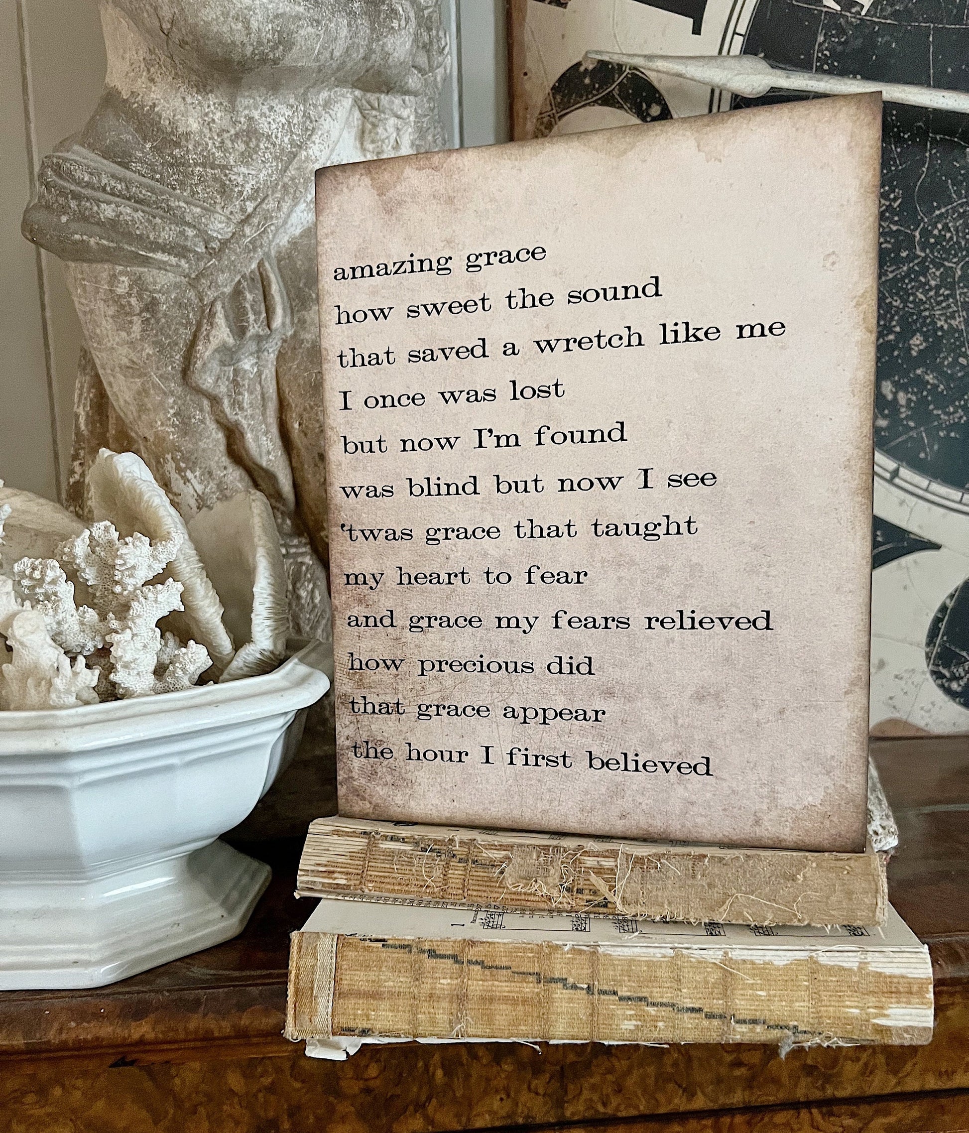 AMAZING GRACE Hymn Sign Wood Vintage Farmhouse Decor Mounted Book Page Decor Hymnal Bible Verse Scripture