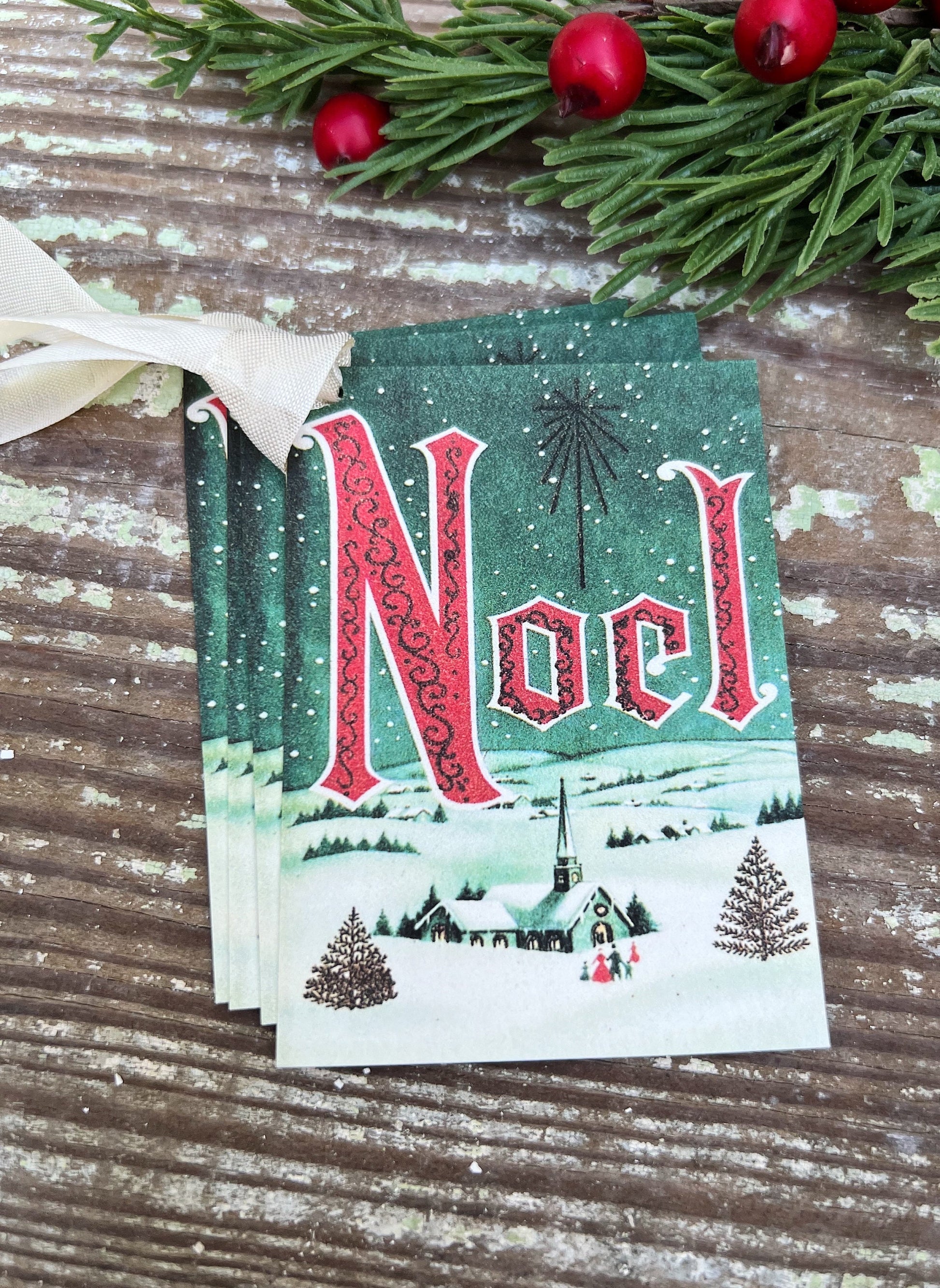 Christmas Vintage Gift Tags NOEL Church Farmhouse Christmas Decor Card French Shabby Gift Wrap