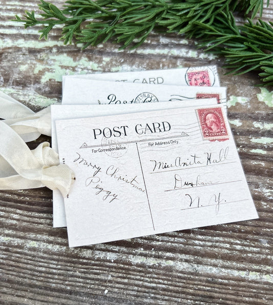 Christmas Vintage Gift Tags POST CARD RED Stamps Farmhouse Christmas Decor Card French Shabby Gift Wrap