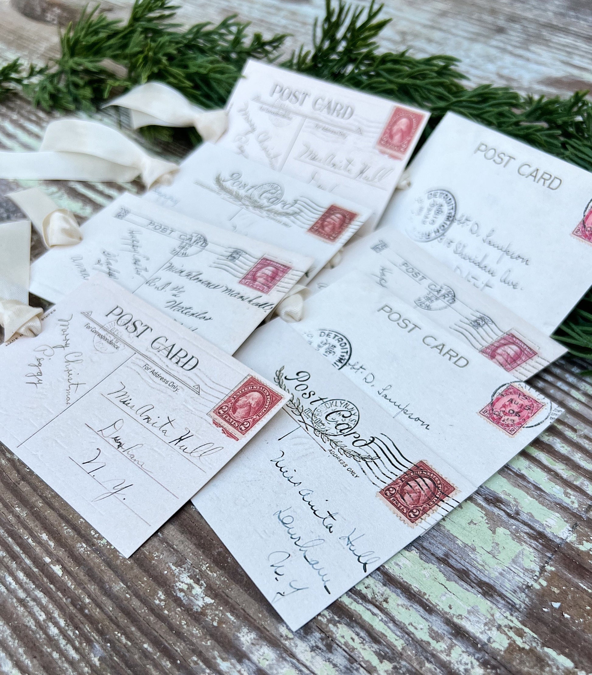 Christmas Vintage Gift Tags POST CARD RED Stamps Farmhouse Christmas Decor Card French Shabby Gift Wrap
