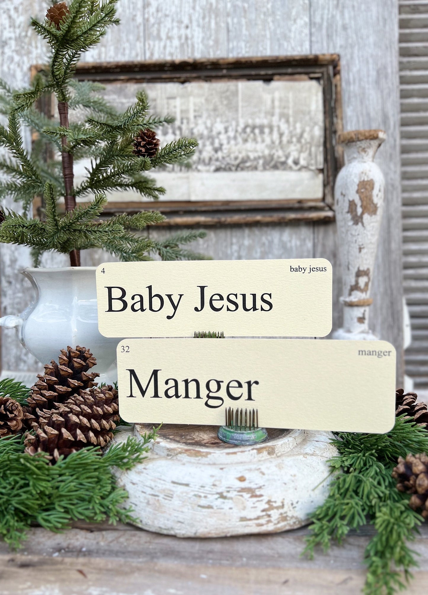 CHRISTMAS NATIVITY Words Flash Cards LARGE Vintage Inspired Word Flashcard Set Of 8 Farmhouse Decor Holiday Primitive Christmas