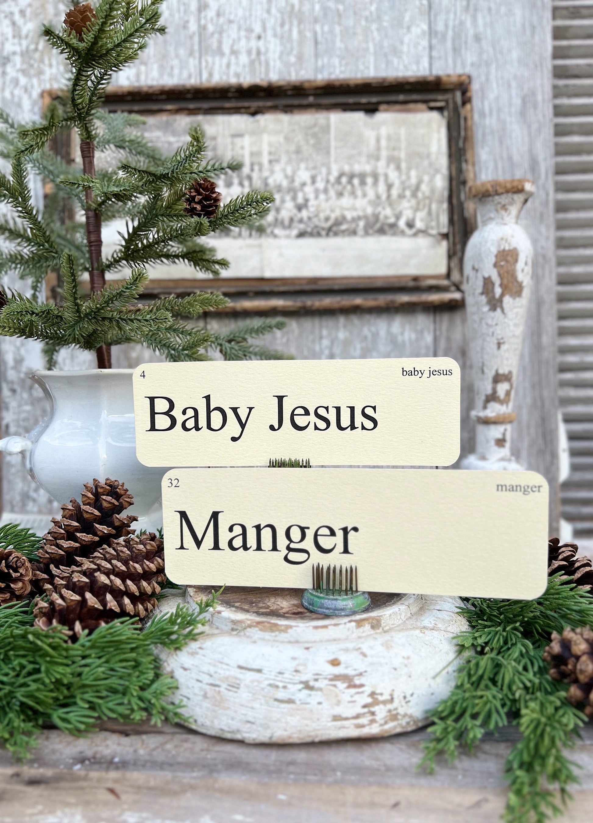 CHRISTMAS NATIVITY Words Flash Cards LARGE Vintage Inspired Word Flashcard Set Of 8 Farmhouse Decor Holiday Primitive Christmas