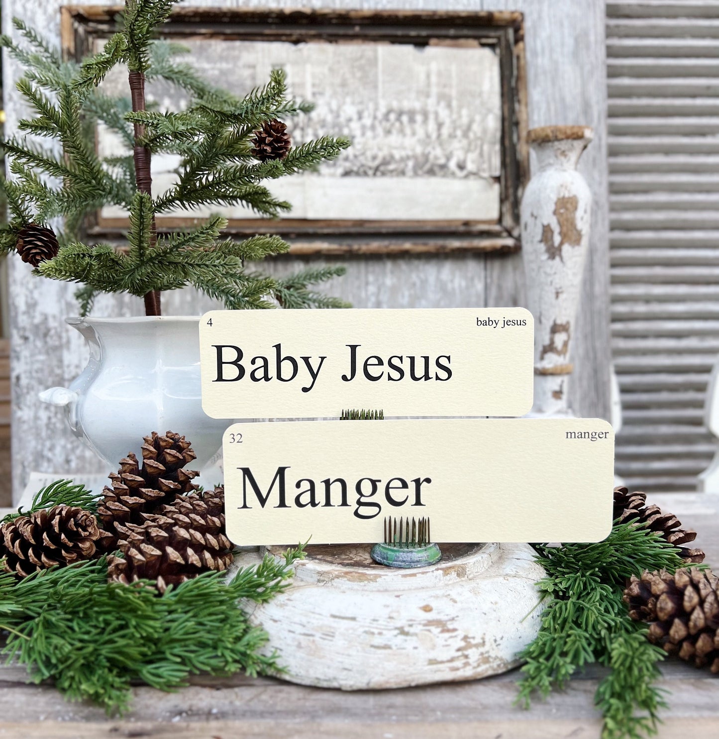 CHRISTMAS NATIVITY Words Flash Cards LARGE Vintage Inspired Word Flashcard Set Of 8 Farmhouse Decor Holiday Primitive Christmas