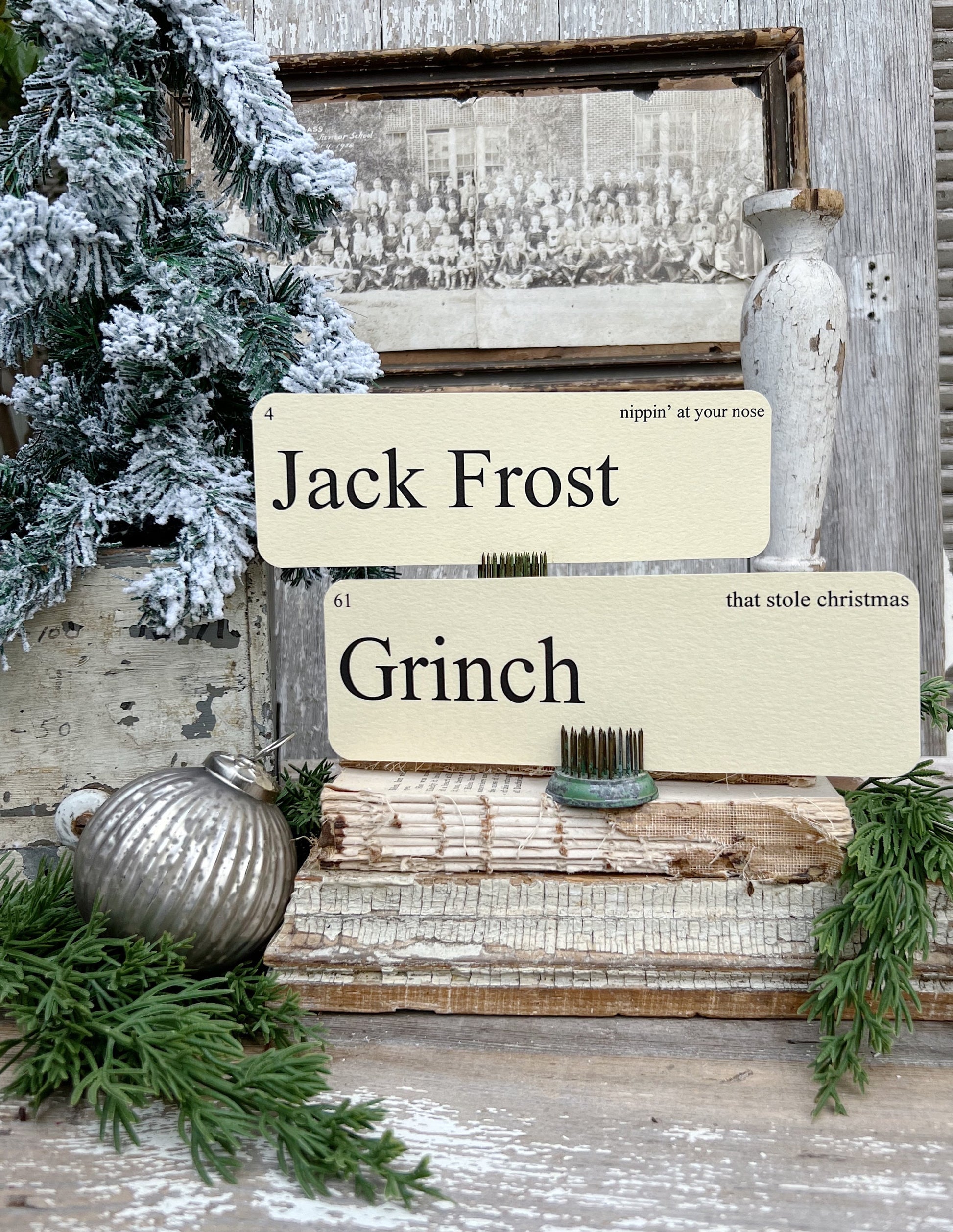 CHRISTMAS CHARACTERS Words Flash Cards LARGE Vintage Inspired Word Flashcard Set Of 8 Farmhouse Decor Holiday Primitive Jack Frost Scrooge
