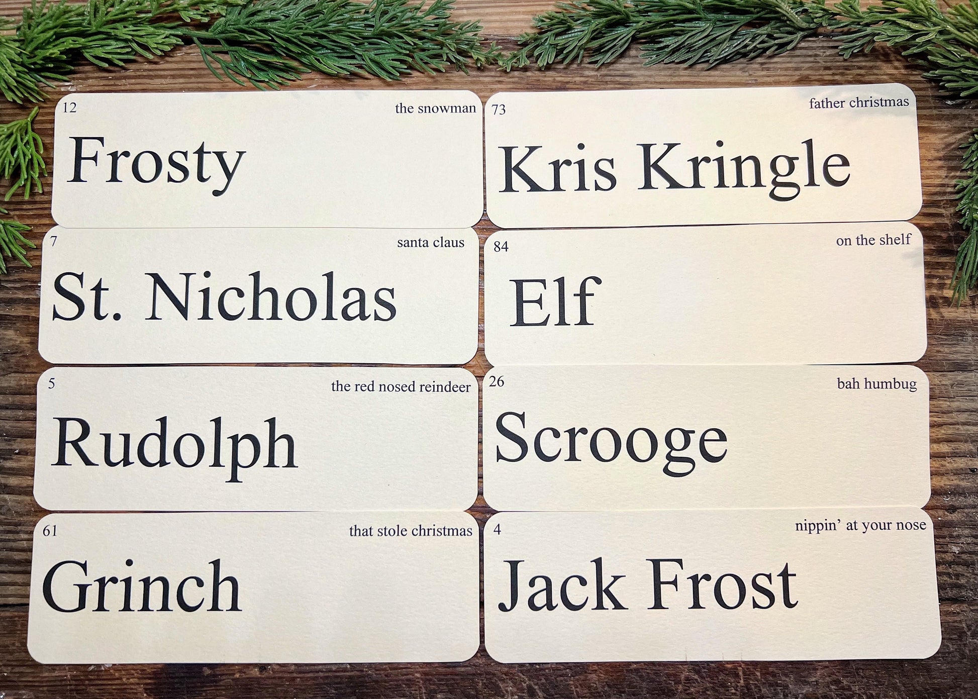 CHRISTMAS CHARACTERS Words Flash Cards LARGE Vintage Inspired Word Flashcard Set Of 8 Farmhouse Decor Holiday Primitive Jack Frost Scrooge