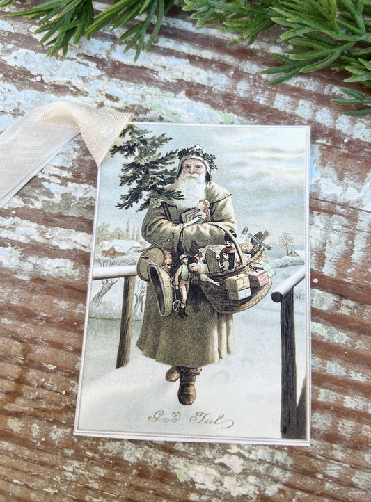 Christmas Vintage Gift Tags GREEN SANTA with TREE Bag Toys Farmhouse Christmas Decor Card French Shabby Gift Wrap Swedish God Jul