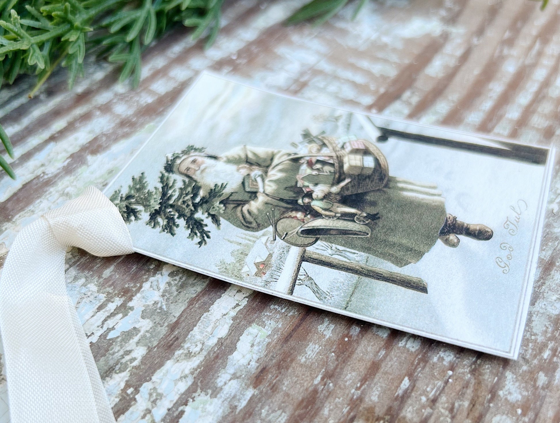 Christmas Vintage Gift Tags GREEN SANTA with TREE Bag Toys Farmhouse Christmas Decor Card French Shabby Gift Wrap Swedish God Jul