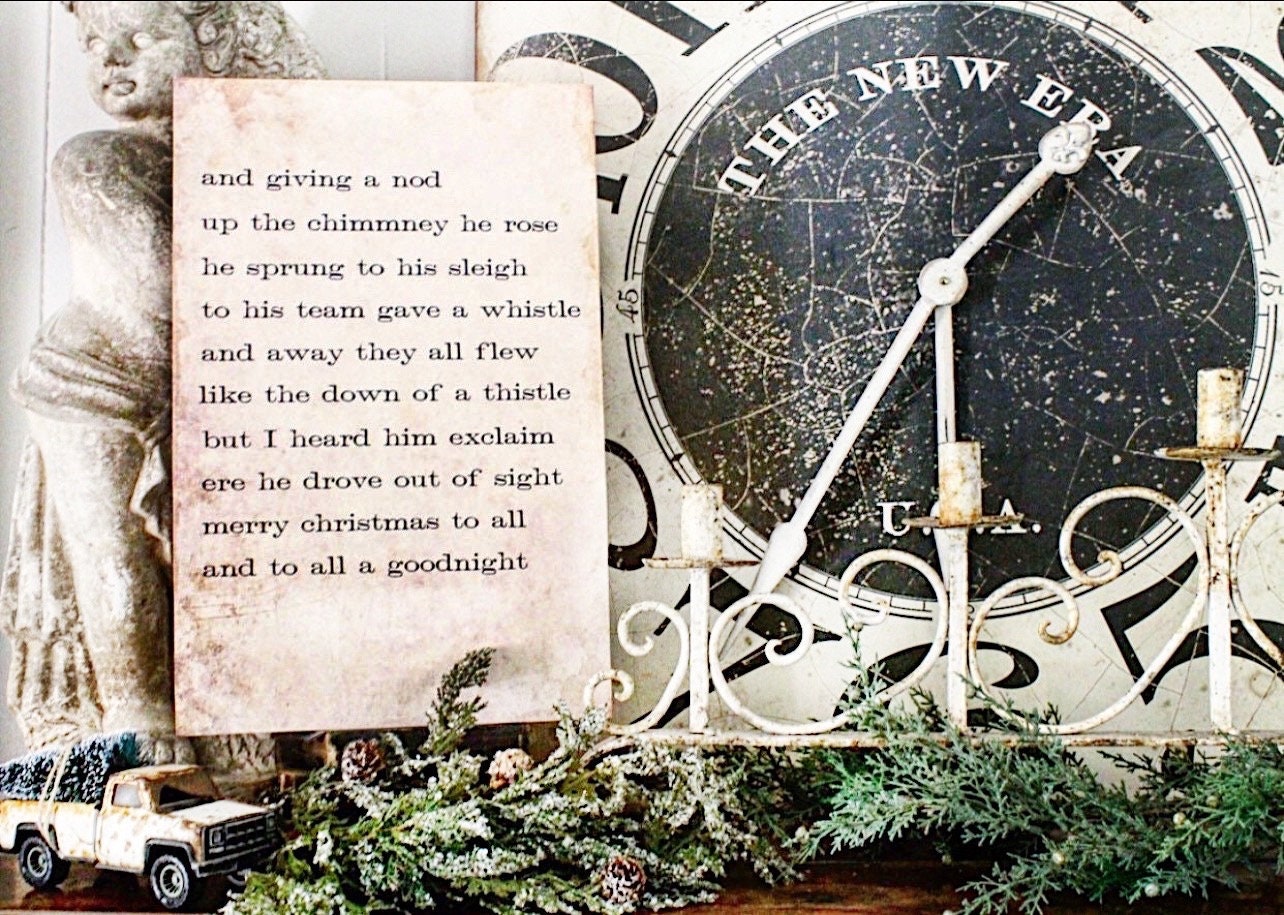 Twas The NIGHT BEFORE CHRISTMAS Sign Vintage Christmas Wood Sign Large Poster Mounted Farmhouse Christmas Decor Book Page Wall