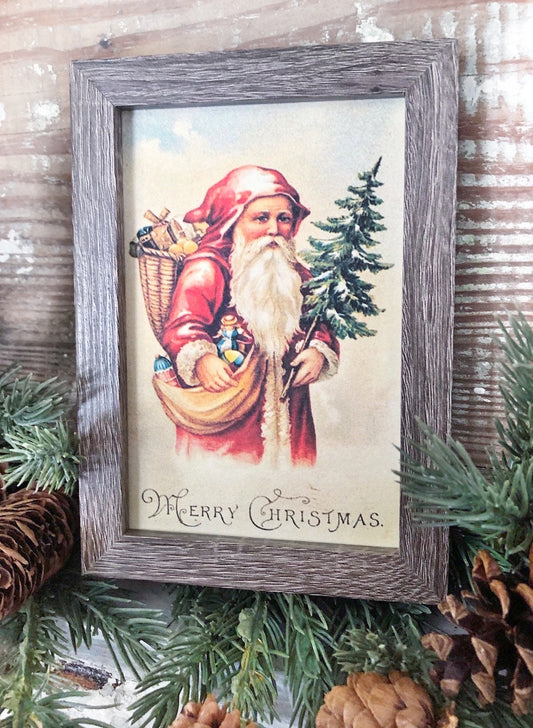 Vintage Christmas Santa MERRY CHRISTMAS Framed Sign Farmhouse Christmas Decor Barn Wood Rustic Primitive Christmas Sign