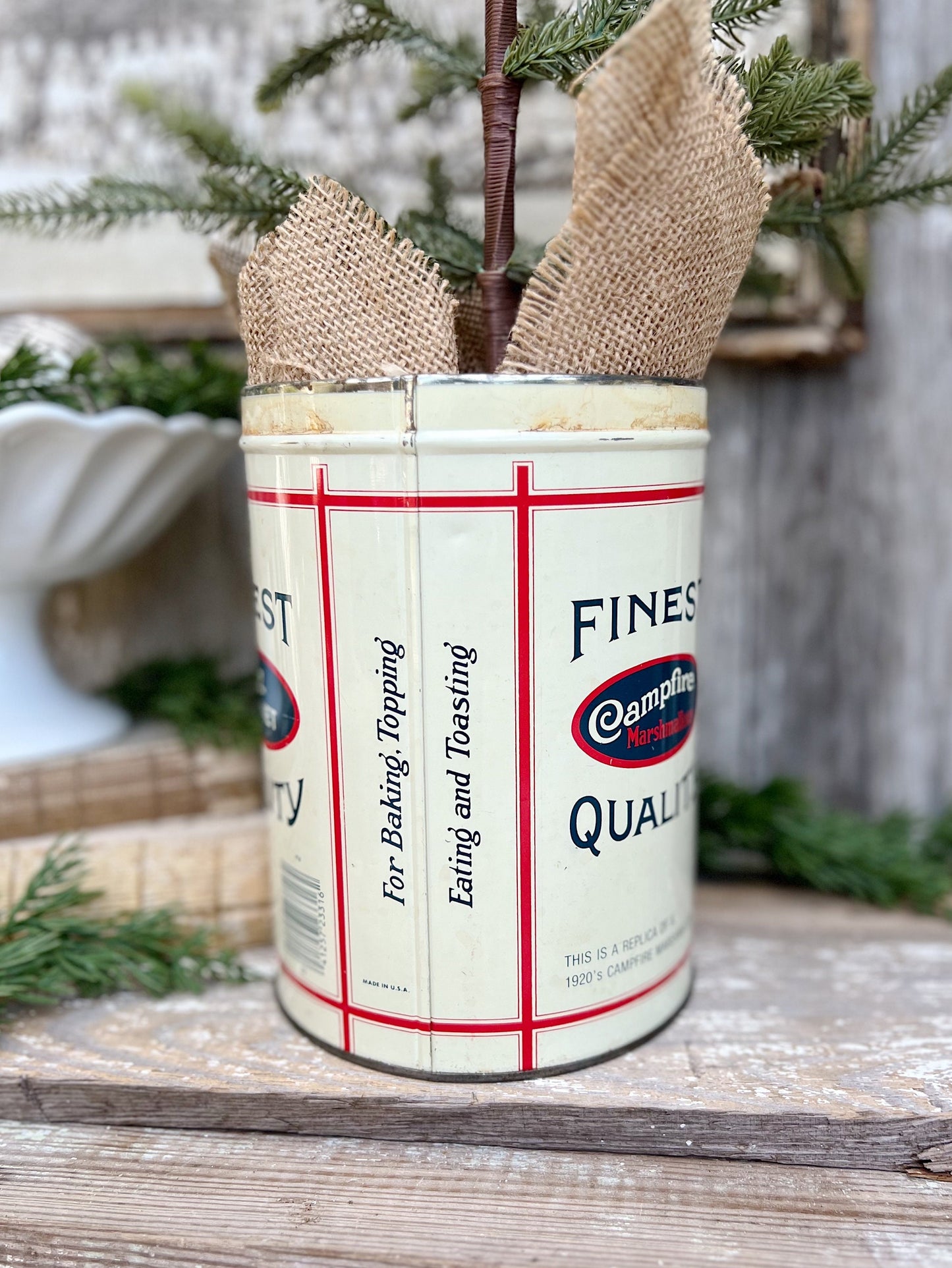 Vintage CAMPFIRE MARSHMALLOWS Tin Can Red White Blue Farmhouse Decor Industrial Salvage Christmas Decor 16 oz