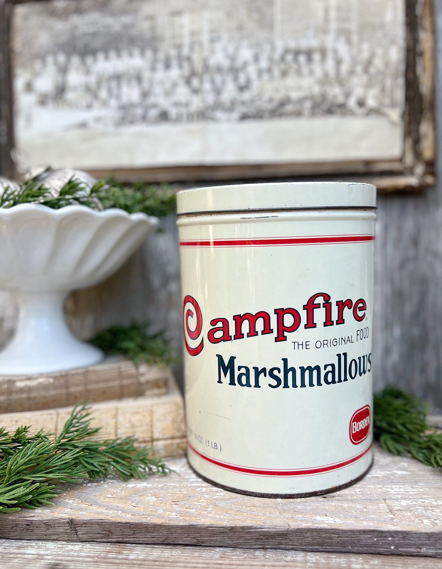 Vintage CAMPFIRE MARSHMALLOWS Tin Can Red White Blue Farmhouse Decor Industrial Salvage Christmas Decor 16 oz
