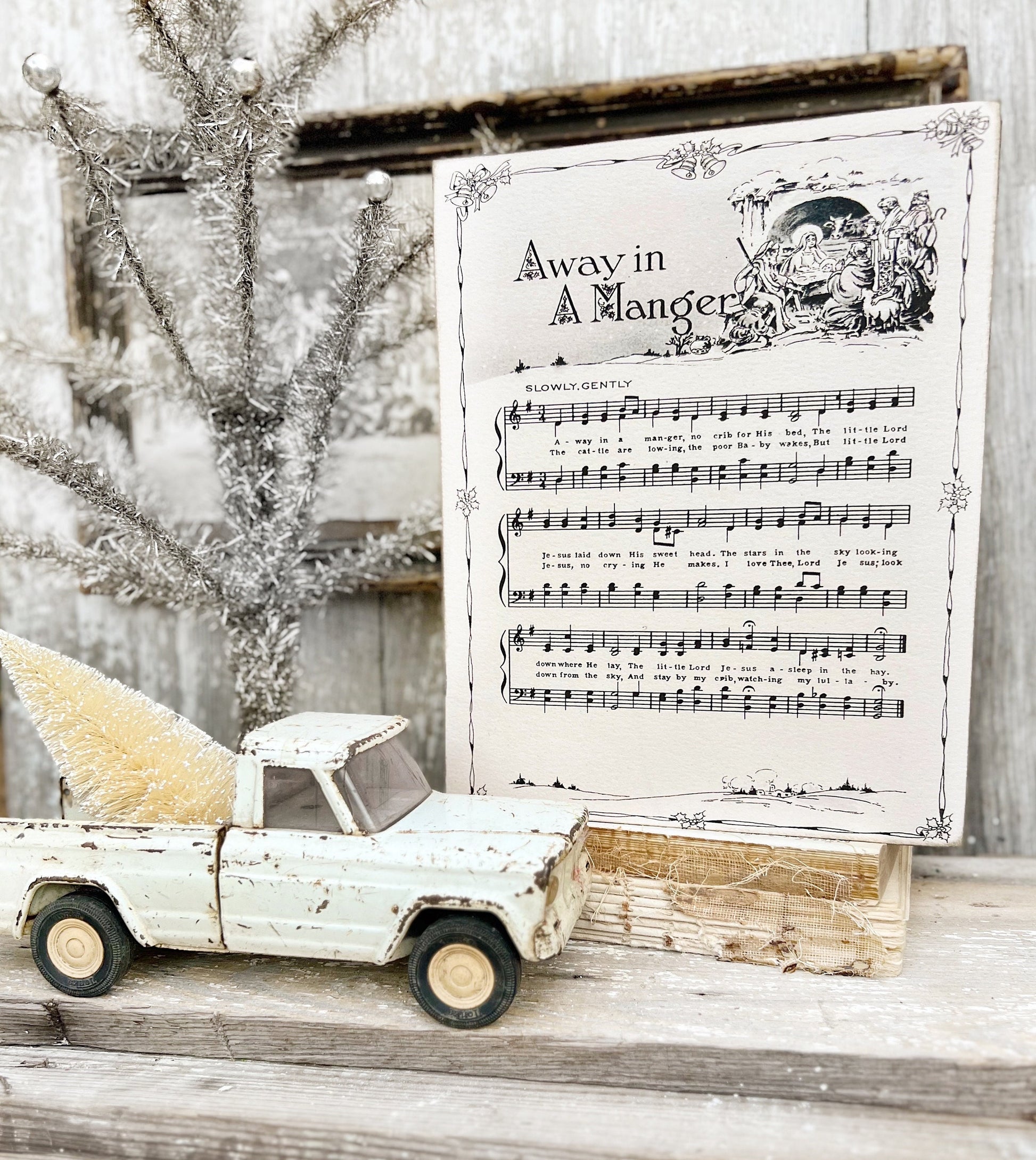 AWAY In A MANGER Sign Wood Vintage Sheet Music Carol Christmas Decor Poster Farmhouse Decor Book Page Wall Art Star of Wonder