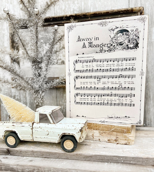 AWAY In A MANGER Sign Wood Vintage Sheet Music Carol Christmas Decor Poster Farmhouse Decor Book Page Wall Art Star of Wonder