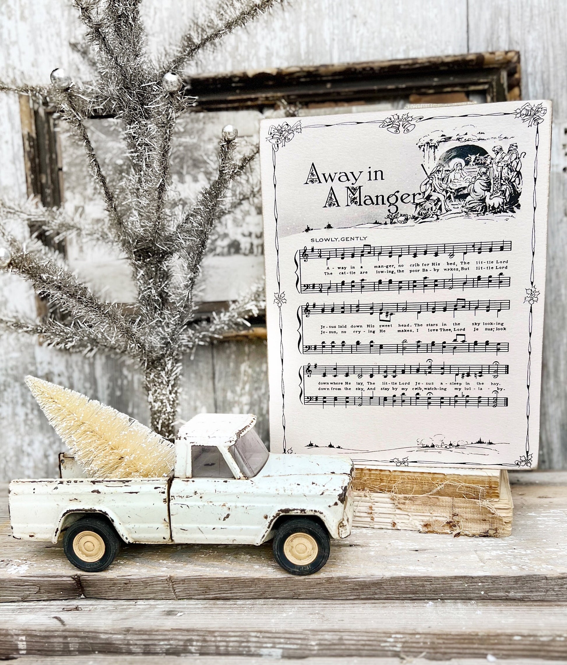 AWAY In A MANGER Sign Wood Vintage Sheet Music Carol Christmas Decor Poster Farmhouse Decor Book Page Wall Art Star of Wonder