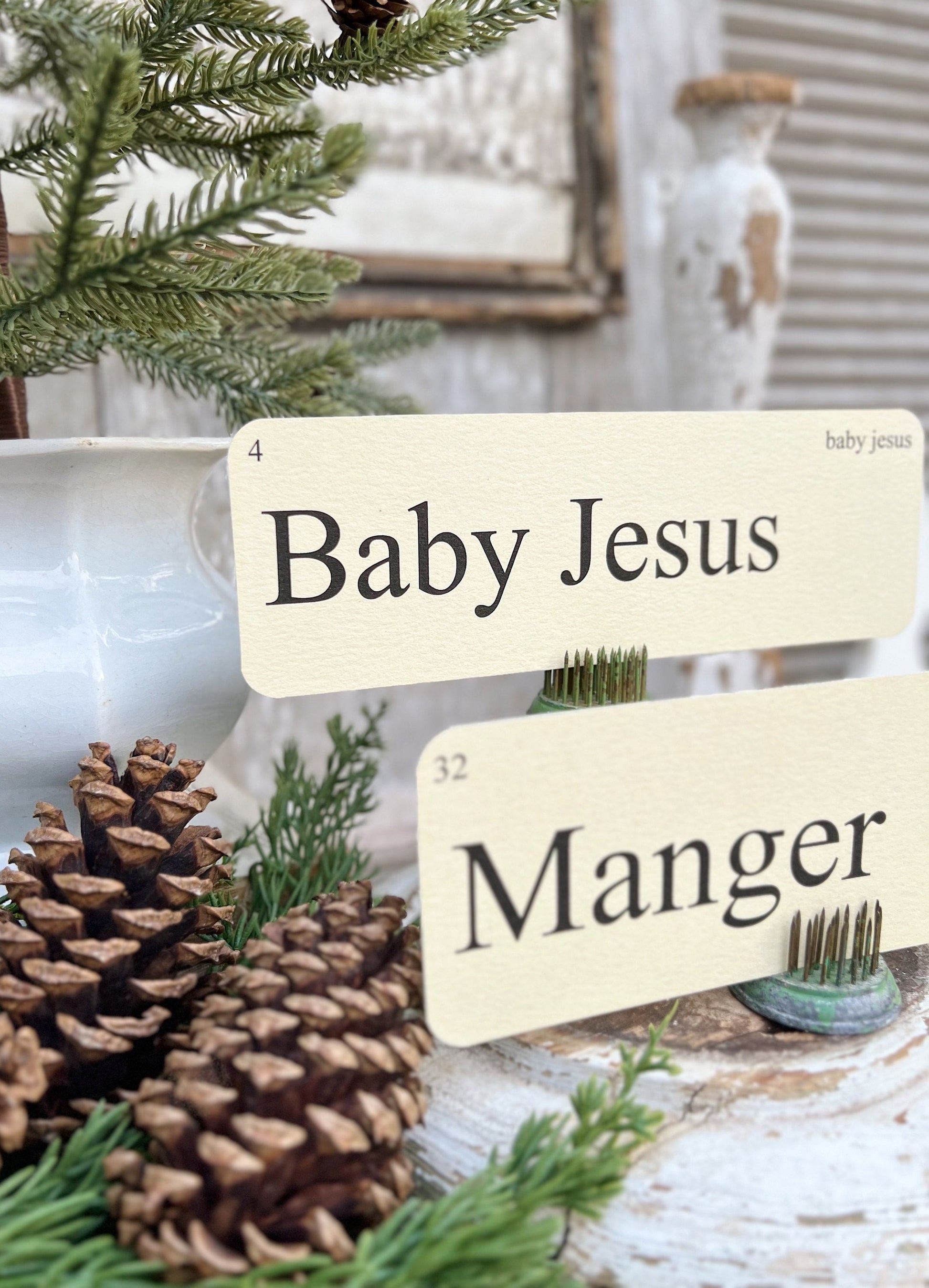 CHRISTMAS NATIVITY Words Flash Cards LARGE Vintage Inspired Word Flashcard Set Of 8 Farmhouse Decor Holiday Primitive Christmas
