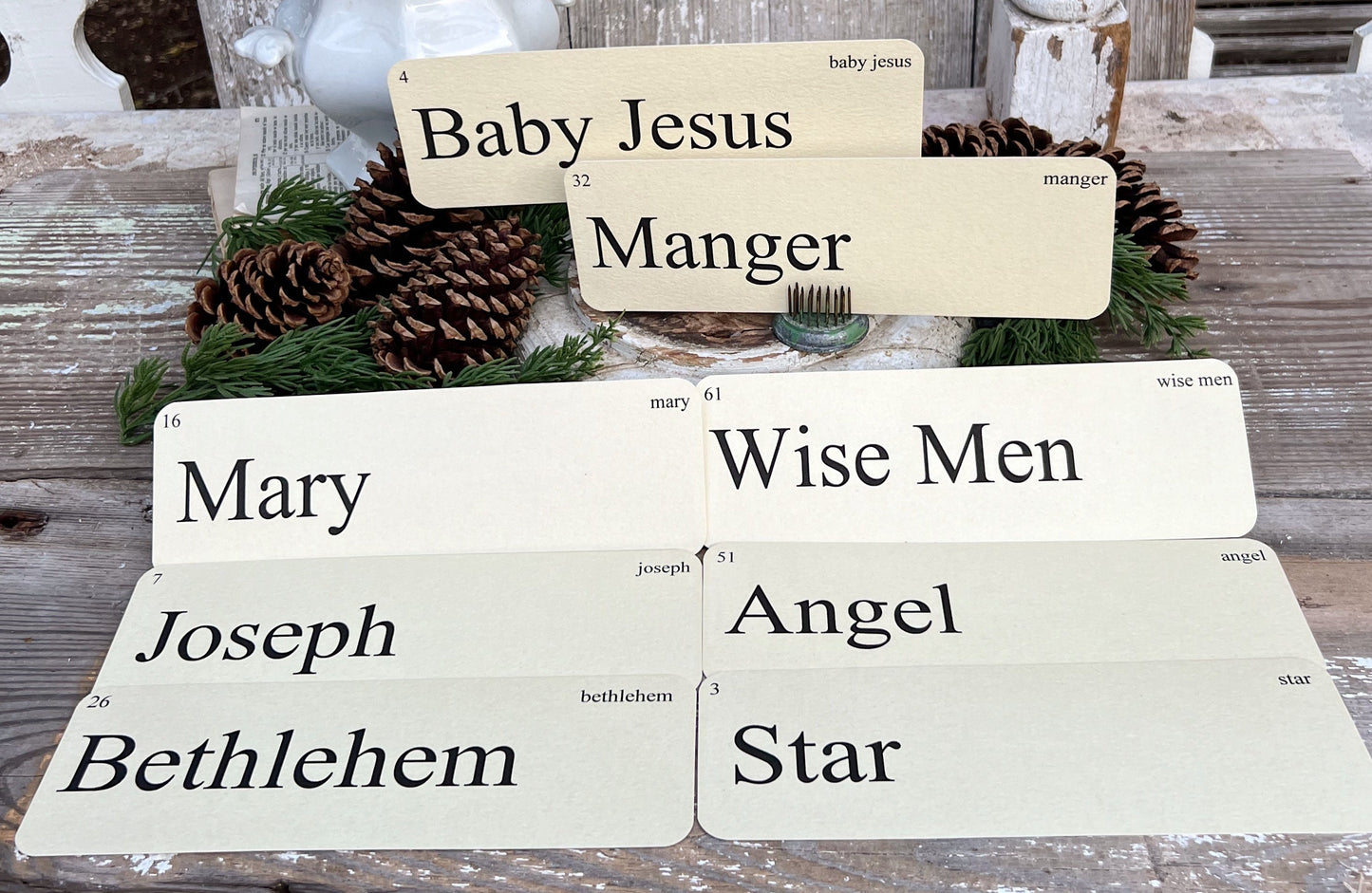 CHRISTMAS NATIVITY Words Flash Cards LARGE Vintage Inspired Word Flashcard Set Of 8 Farmhouse Decor Holiday Primitive Christmas