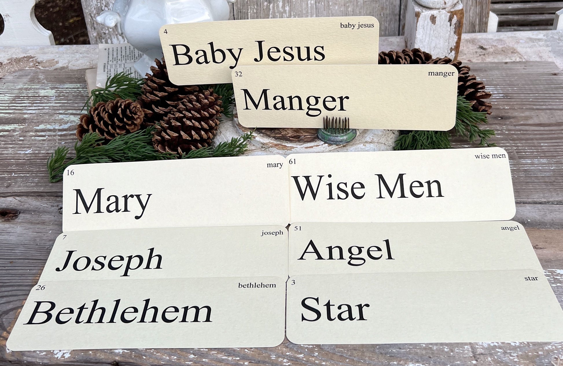 CHRISTMAS NATIVITY Words Flash Cards LARGE Vintage Inspired Word Flashcard Set Of 8 Farmhouse Decor Holiday Primitive Christmas