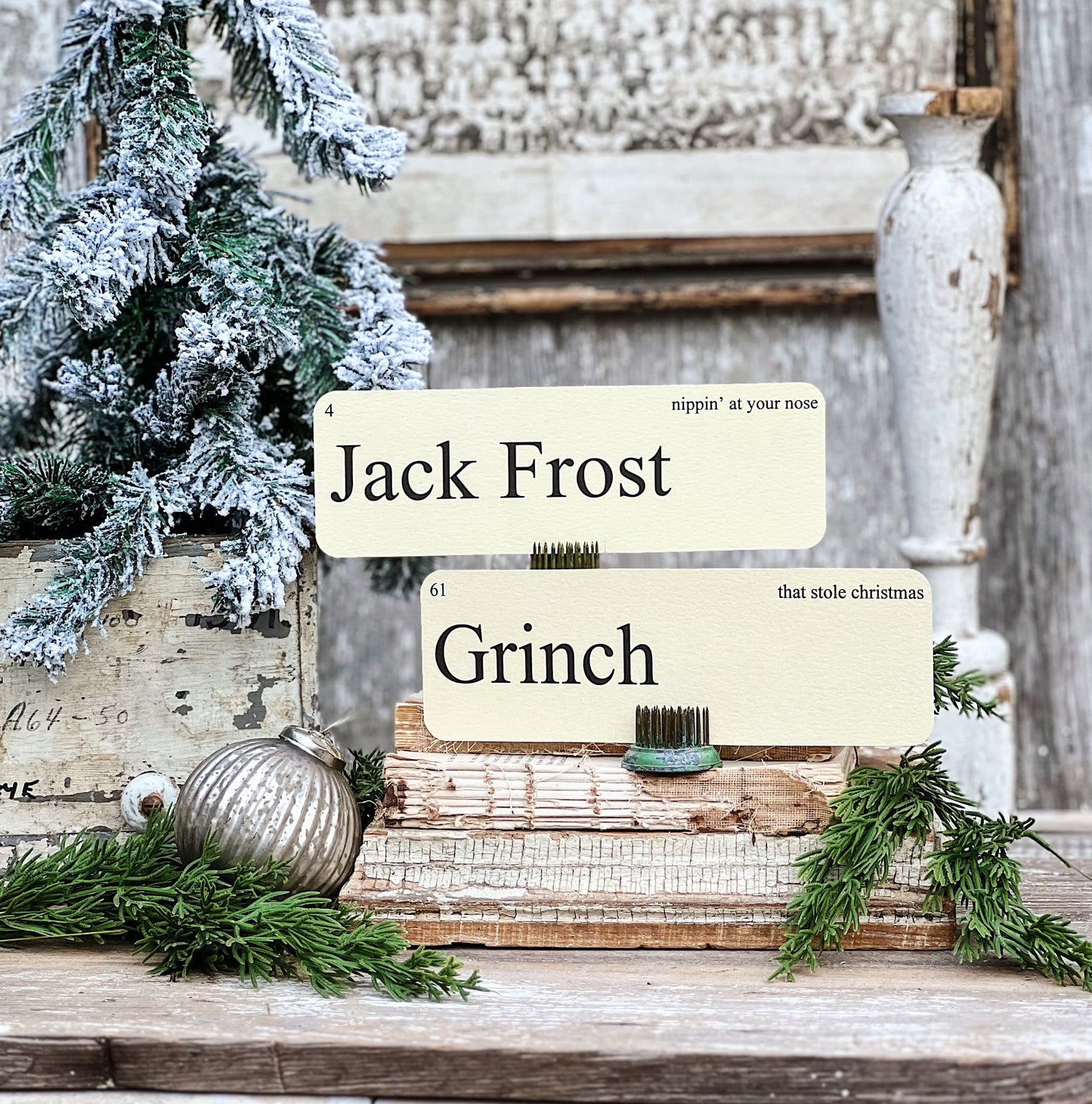 CHRISTMAS CHARACTERS Words Flash Cards LARGE Vintage Inspired Word Flashcard Set Of 8 Farmhouse Decor Holiday Primitive Jack Frost Scrooge