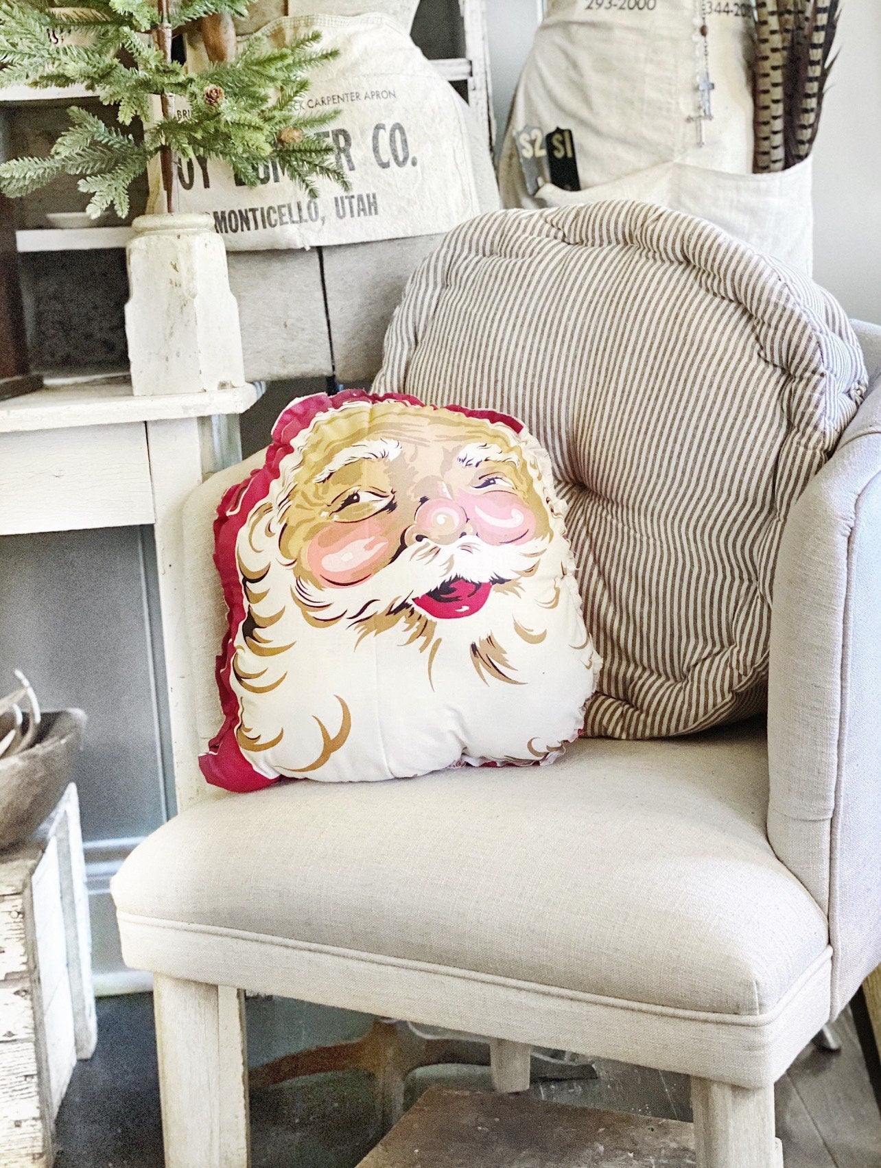 Vintage SANTA CLAUS PILLOW Farmhouse Retro Christmas Decor Merry Christmas Santa Face Large Oversized