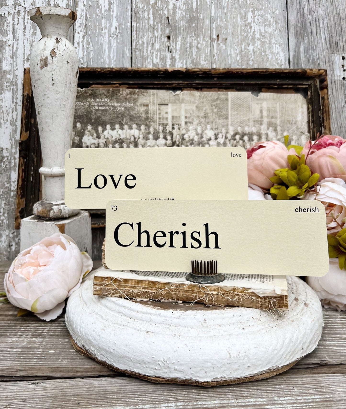 LOVE Flash Cards LARGE Vintage Inspired Word Flashcard SET Of 8 Farmhouse Decor Valentine Cherish Love