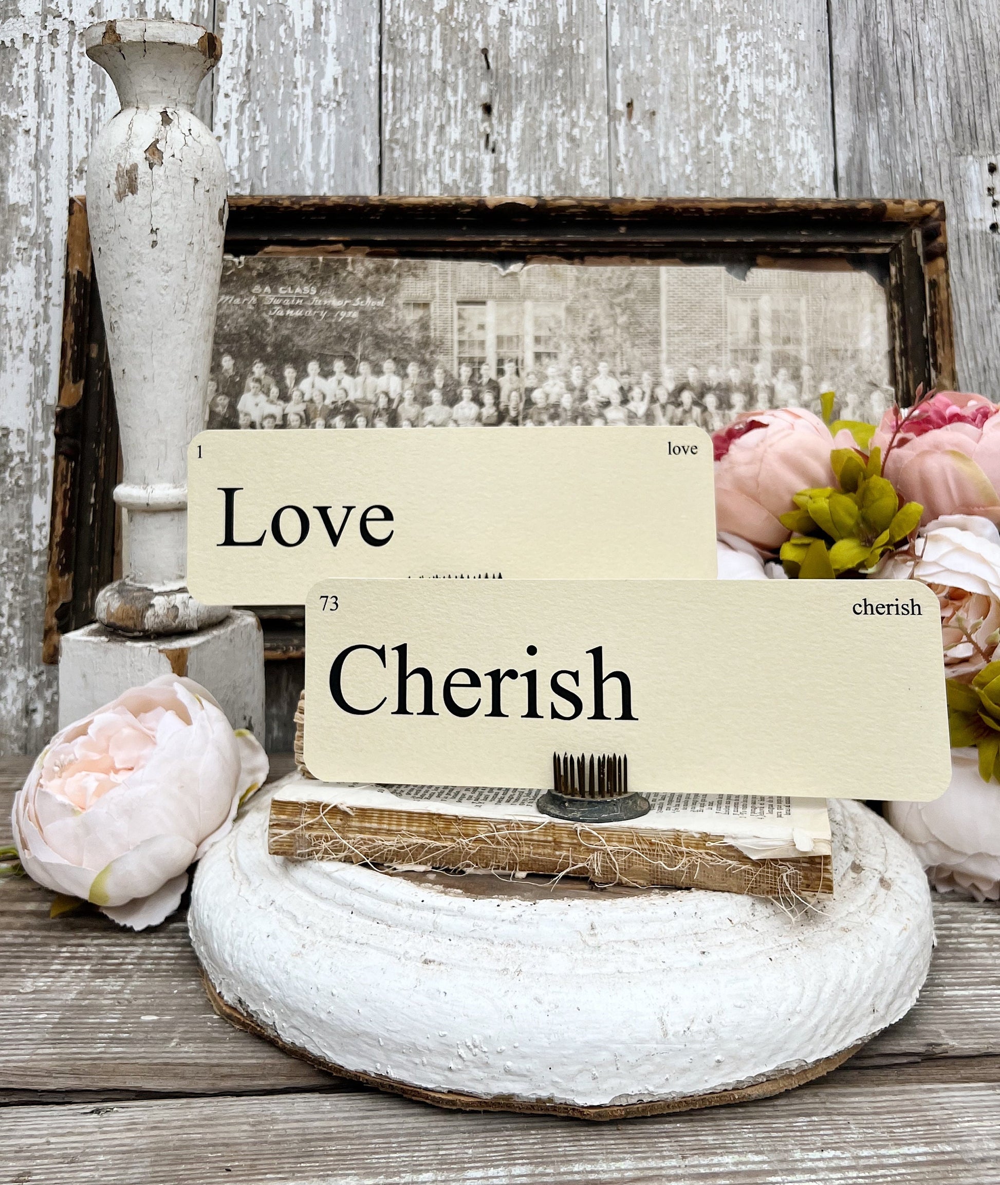 LOVE Flash Cards LARGE Vintage Inspired Word Flashcard SET Of 8 Farmhouse Decor Valentine Cherish Love